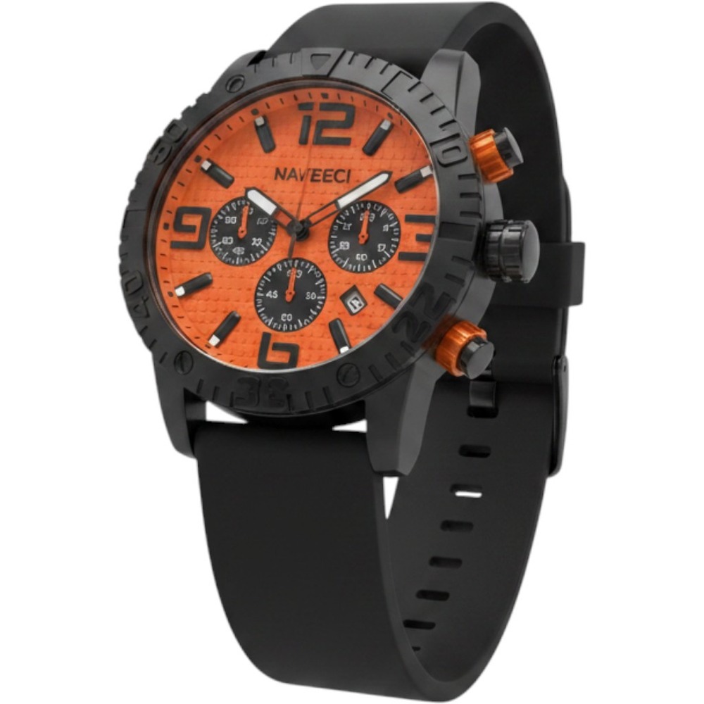 Breed Naveeci Mens Chronograph Watch Orange Dial Black Silicone Strap BRD3202